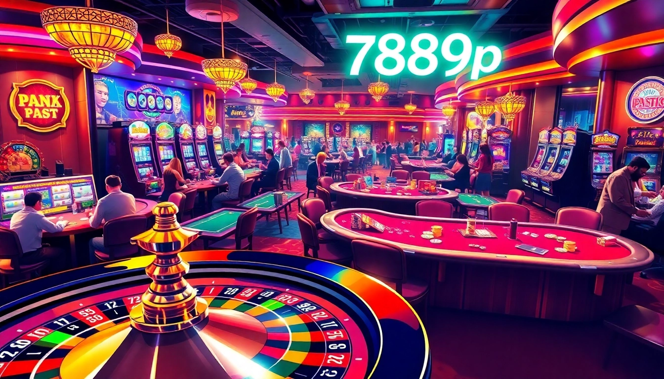 Experience high-stakes excitement at 789p casino with players cheering around a poker table and a vibrant roulette wheel.